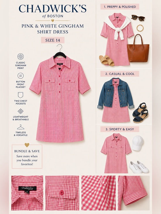 Chadwicks Dresses & Skirts - Chadwicks of Boston Pink & White Gingham Shirt Dress | Cotton | Size 12/14